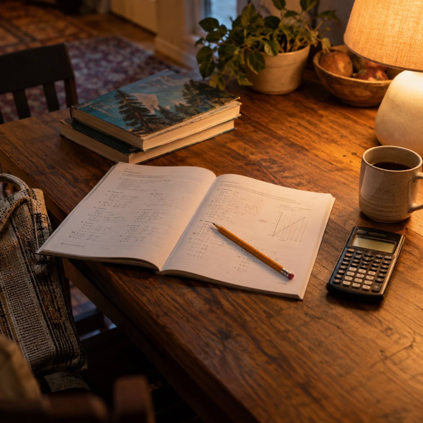 A kitchen table set up for after-school tutoring with a workbook, pencils and a calculator