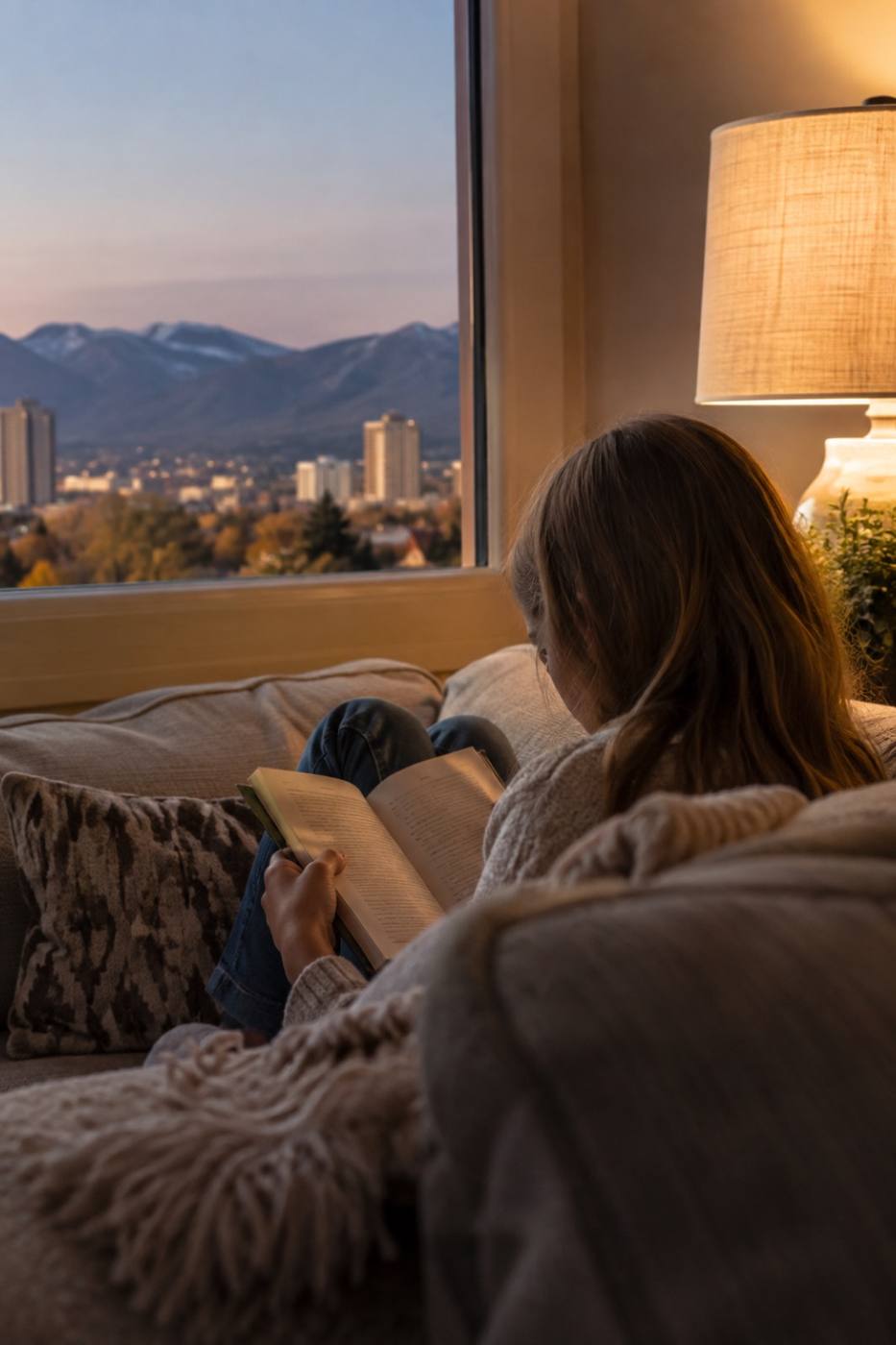 A child reading a book in the corner of a sofa under a warm lamp
