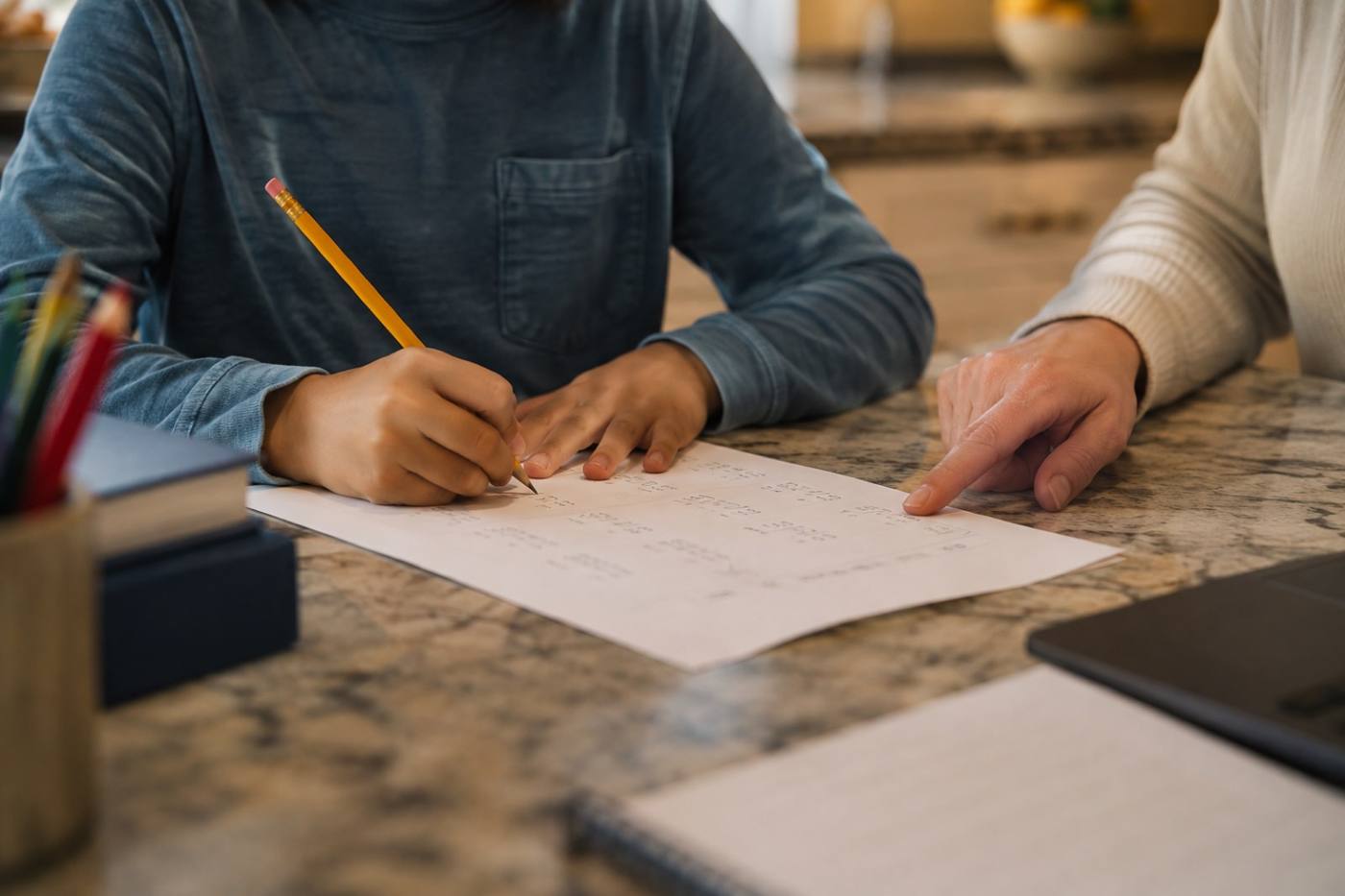 A student working through a maths worksheet with a pencil at a kitchen table
