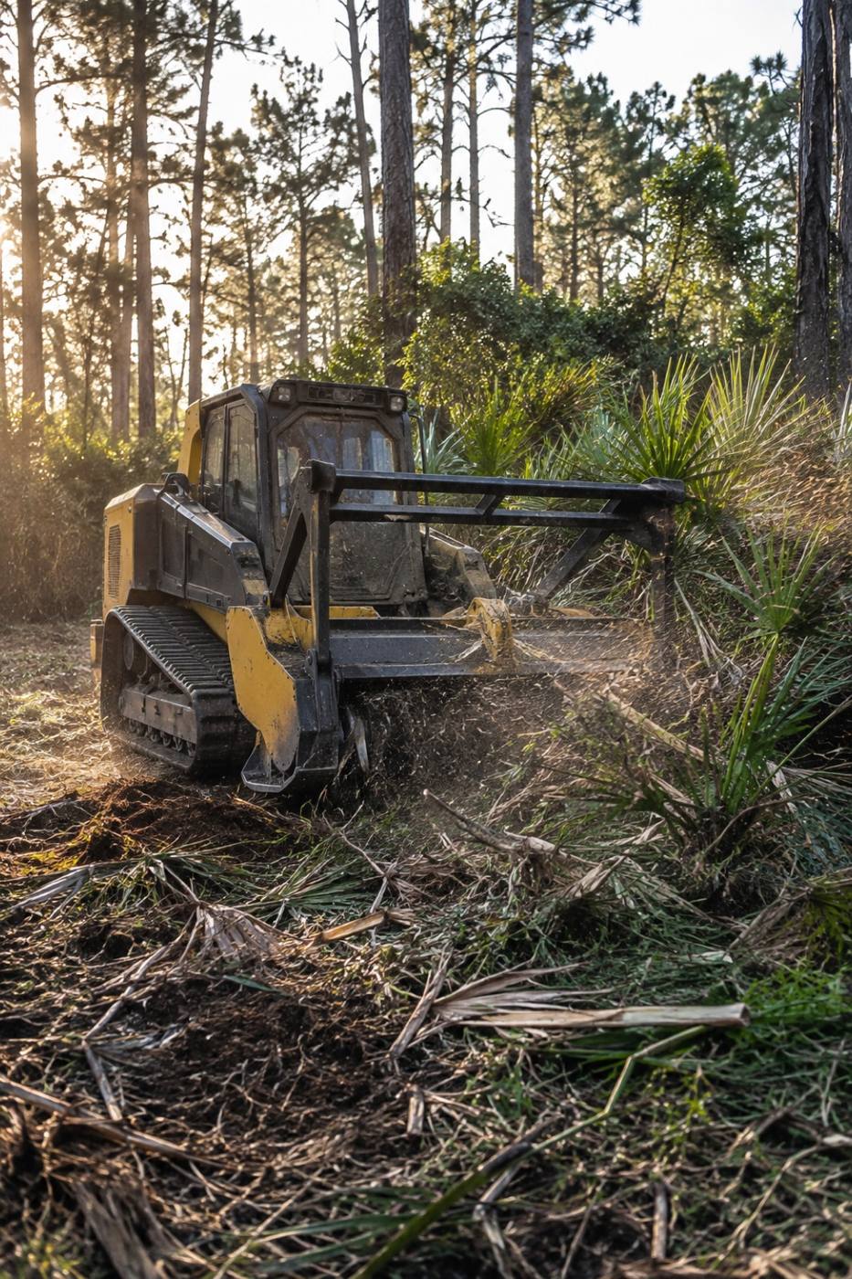 Forestry mulcher cutting thick brush on a rural property