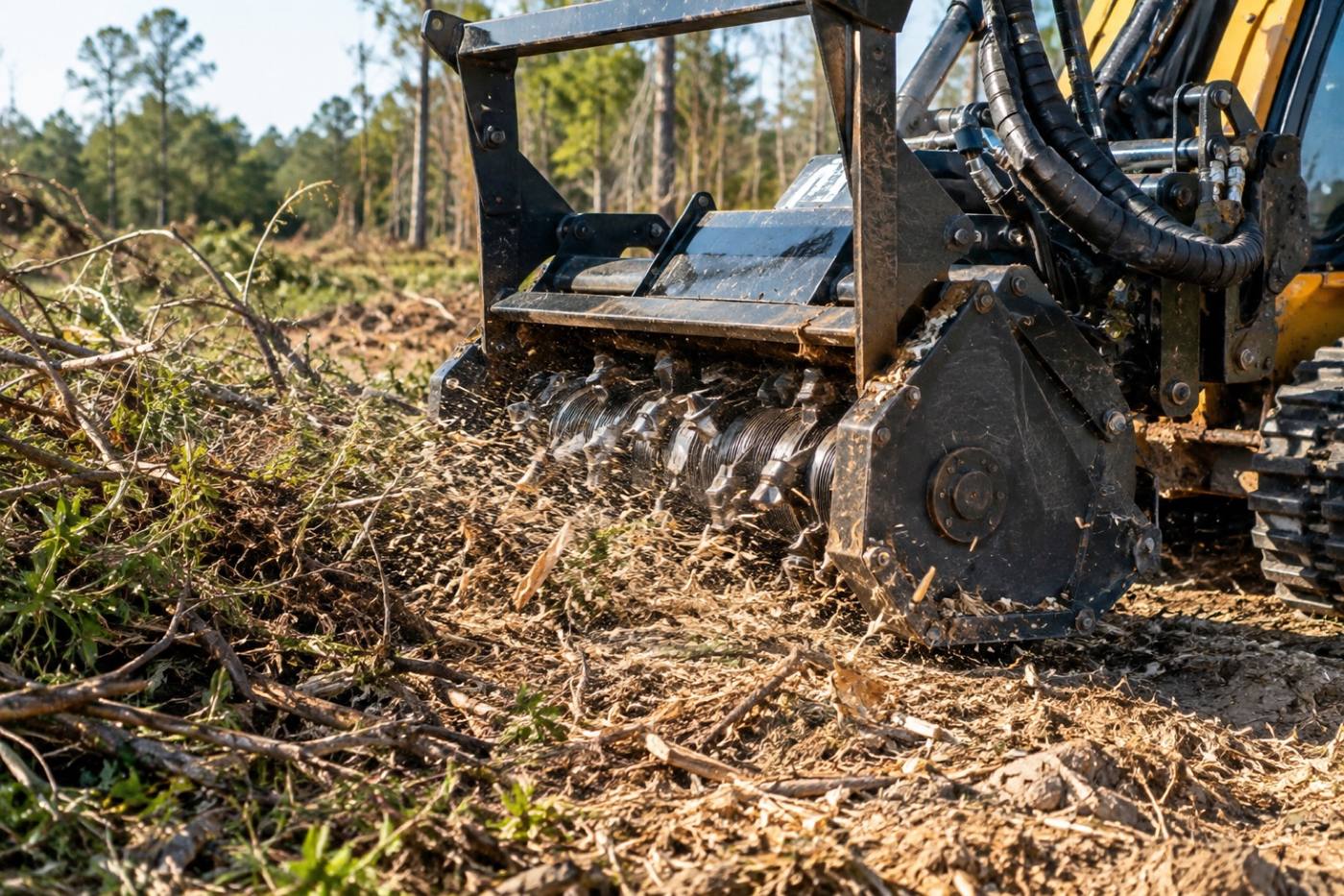 Forestry mulcher head grinding cut brush into wood chips