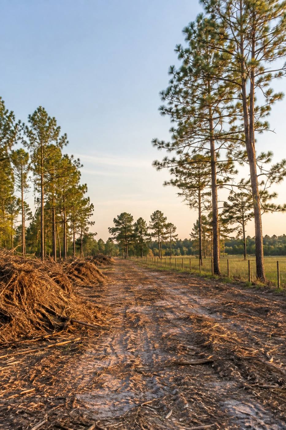 Freshly cleared path running through pines on a rural property