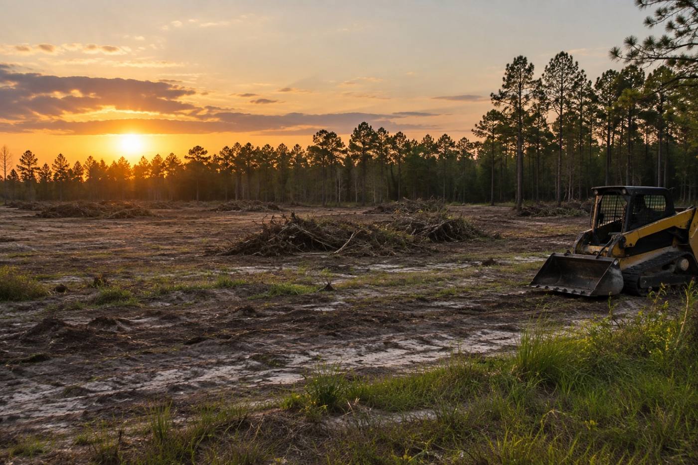 Newly cleared acreage at sunset with equipment parked at the edge