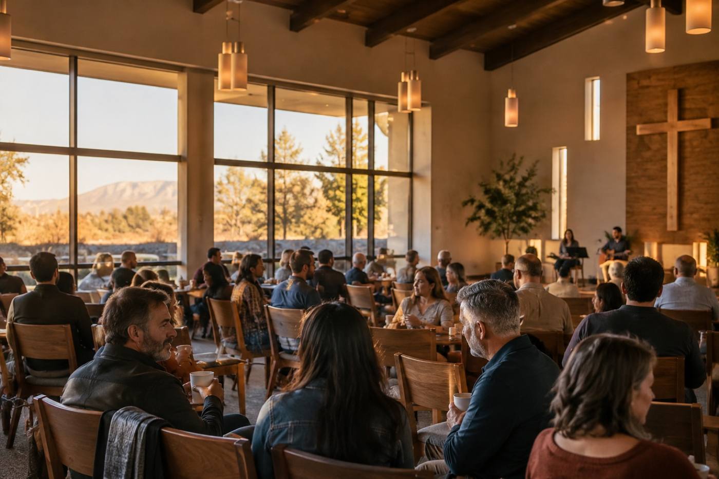 A warmly lit gathering room with people seated together on a Sunday morning