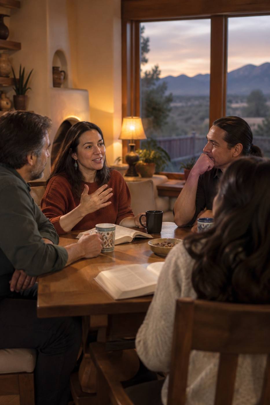 A small group sitting around a table with open books and coffee