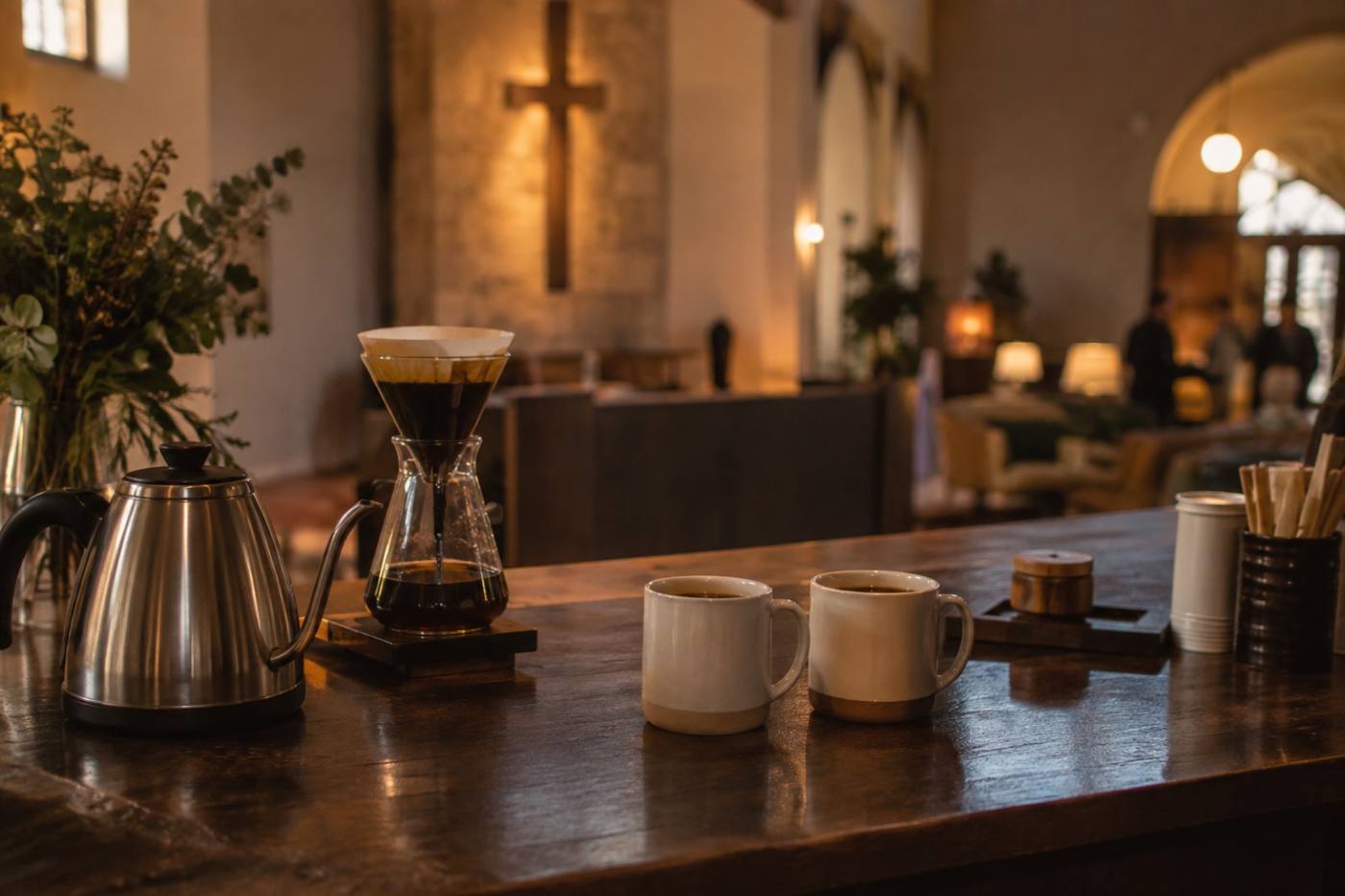A coffee bar counter with two cups ready on a warm wooden surface